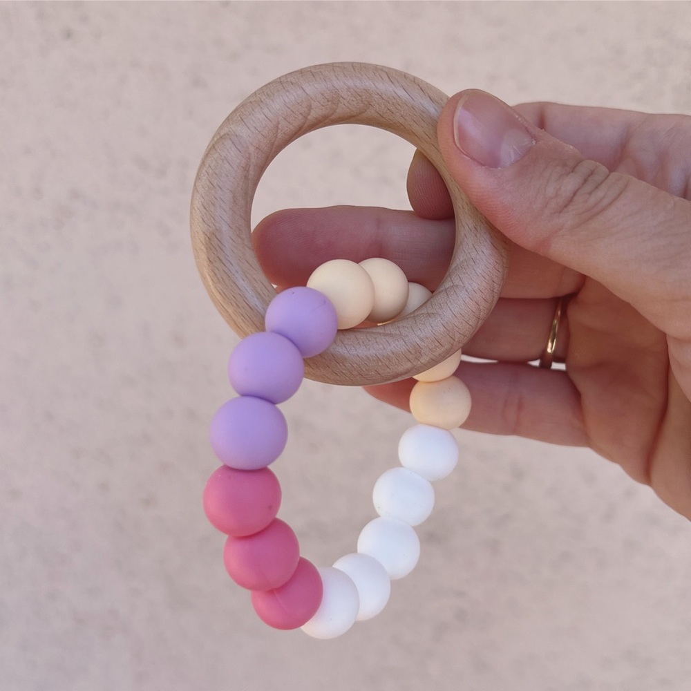 Handmade silicone bead baby teether with natural beech wood ring